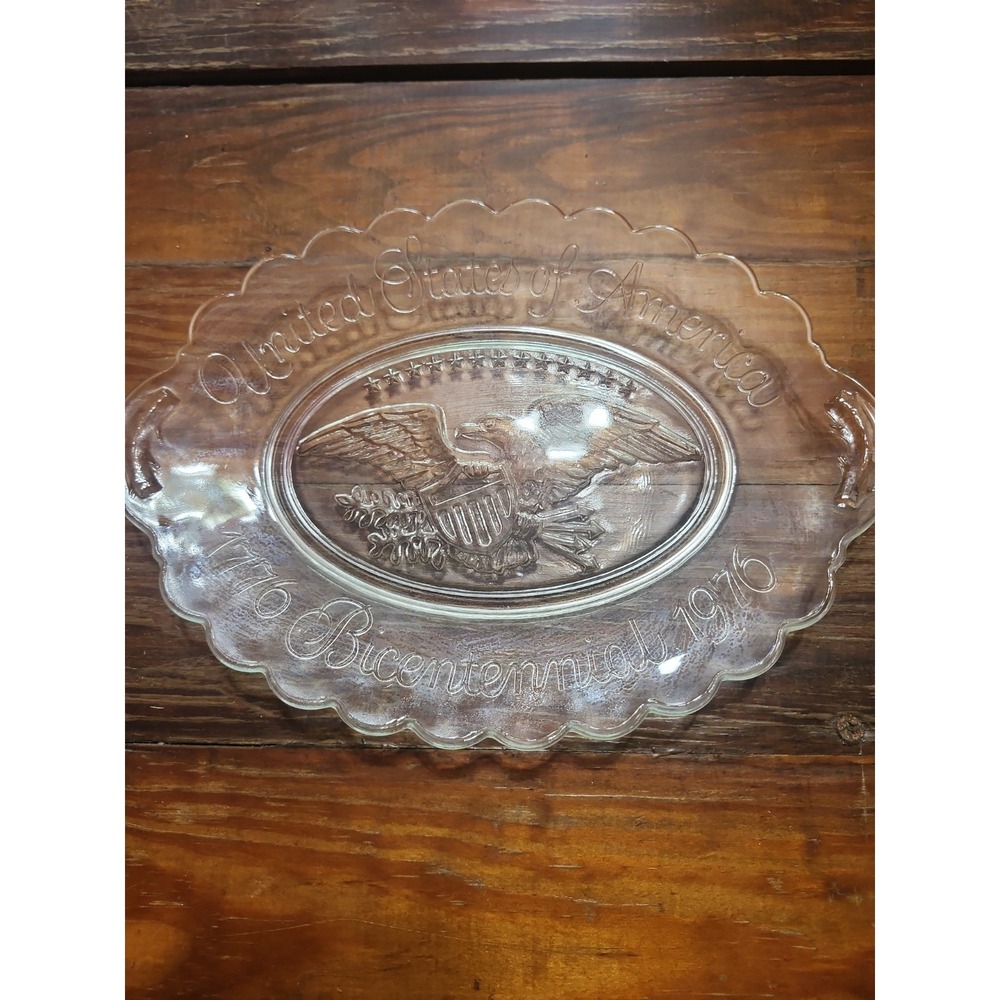 Bicentennial Clear Glass‎ 9" X 6.5" USA Candy Dish Plate Eagle Cresent Embossed